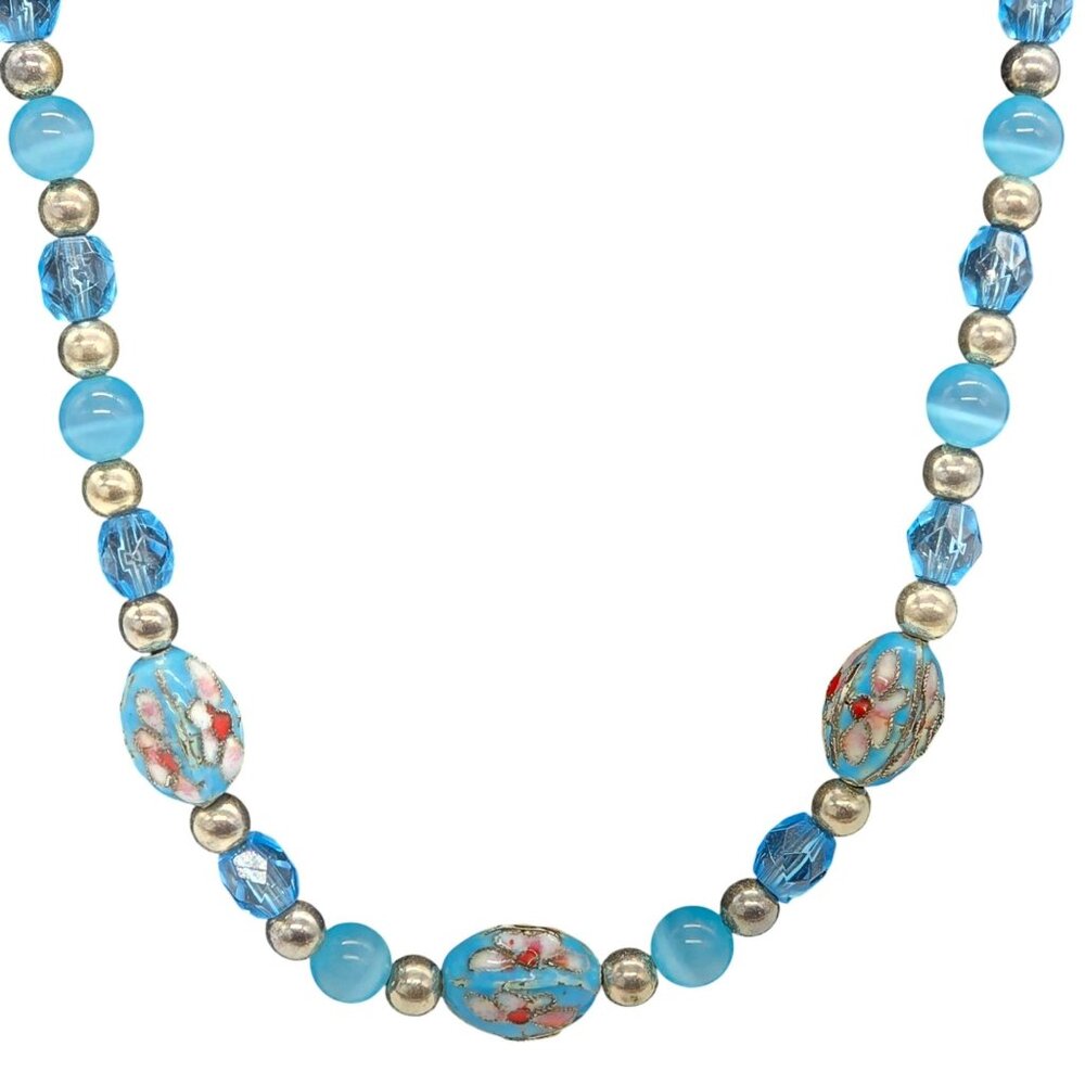 Blue Floral Cloisonne Style Bead Necklace Glass Crystal Silver Tone 18–21” - Picture 2 of 7